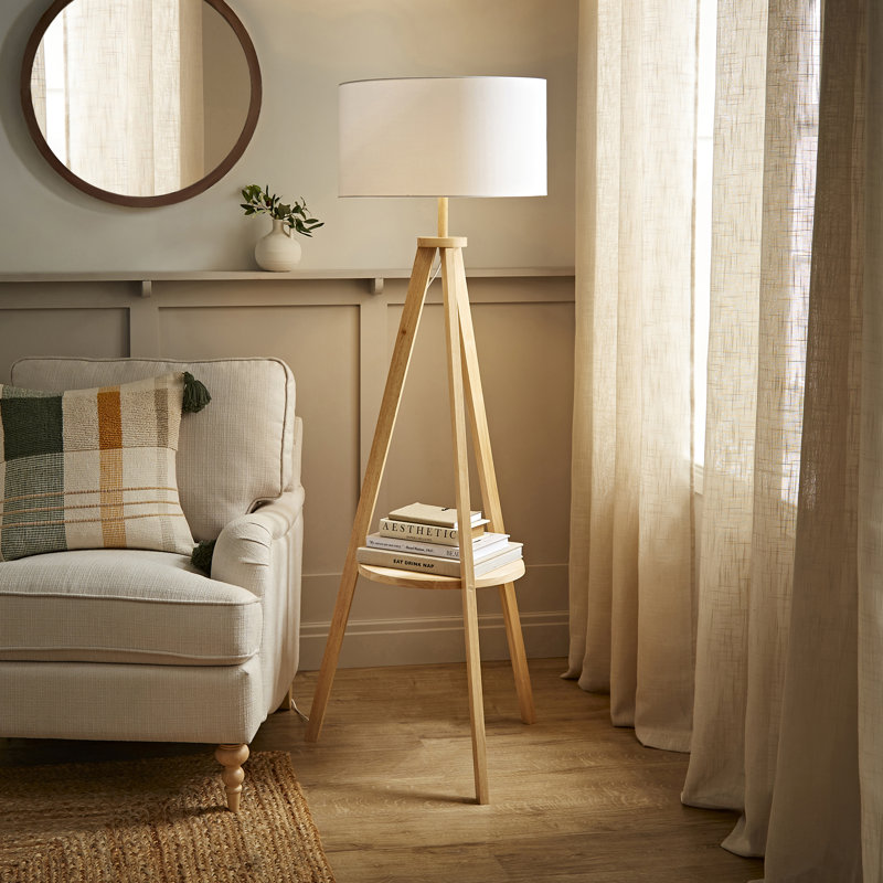 Ismay 149 cm Morrigan Wood Tripod Floor Lamp with Shelf & XL Reni Shade, Light Brown, No, White