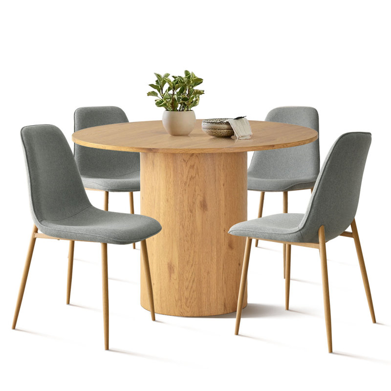 Ensemble de table de salle à manger 4 personnes Charmia avec table ronde de 41,5 po et 4 chaises rembourrées en tissu, Gris