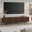 Meuble télé 70 po pour téléviseur de 75 po ou moins avec portes cannelées, rangement et gestion des câbles - Console média Mid-Century satinée noyer pour le salon | Whitman-948202710-945404125
