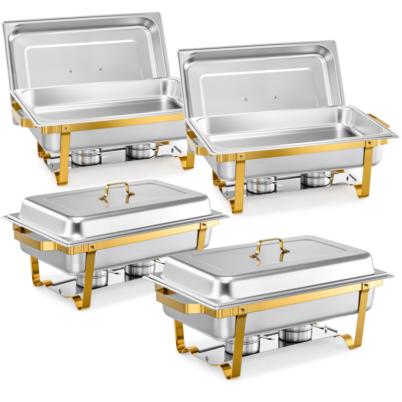 4 Pack 9 qt Stainless Steel Chafing Dishes with Full Size Pans & Foldable Frames