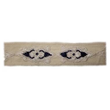 3.5 Cream & Navy High Quality Woven Velvet Embroidery Trim Tape H