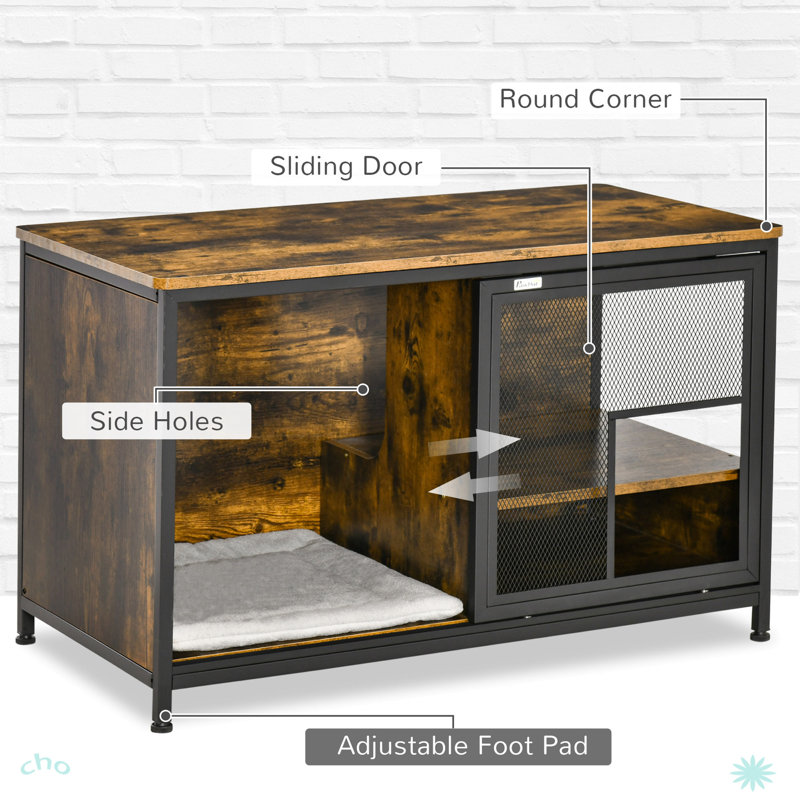 Rustic Brown Wood and Steel End Table Pet House with Cushion