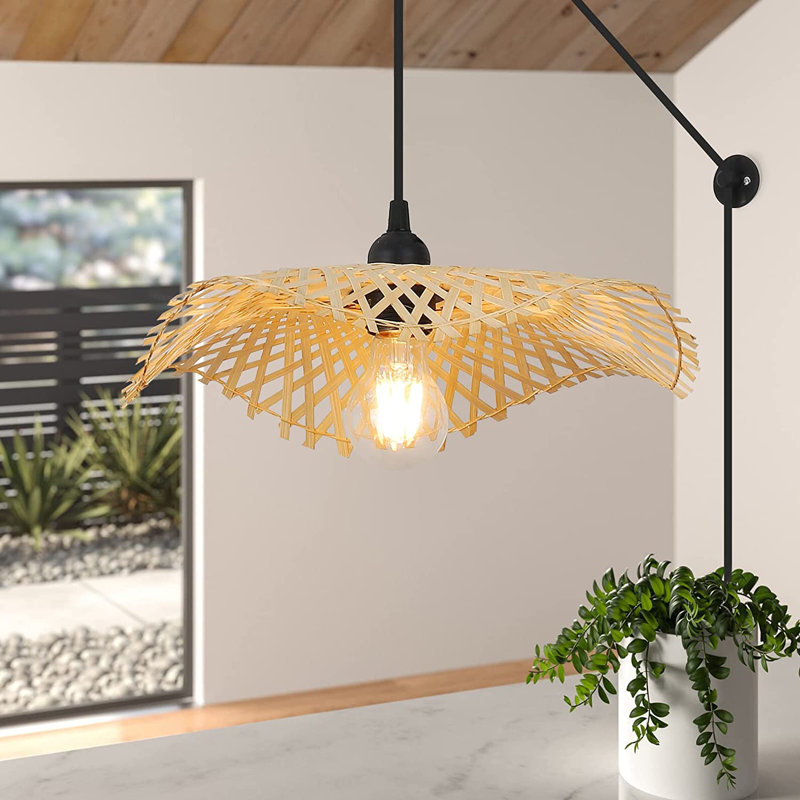 Luminaire suspendu moderne à brancher avec lampes montées, plafonniers en bambou naturel à motif de feuilles pour salon, chambre à coucher, éclairage mural tissé à la main avec cordon d'alimentation de 11,5 pi