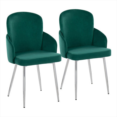 Ensemble de 2 chaises d'appoint avec revêtement en velours vert classique et pieds en métal chromé pour les salles à manger contemporaines