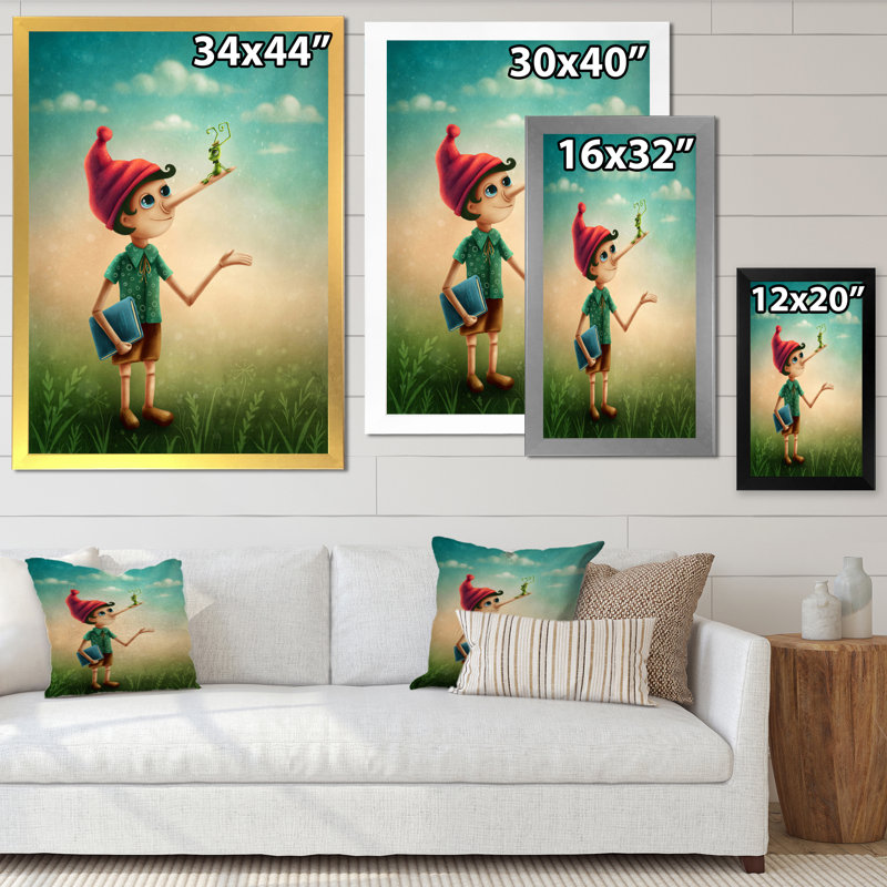 Pinocchio avec personnage de conte de fées à long nez - peinture sur toile, H 44 po x l 34 po, Cadre noir
