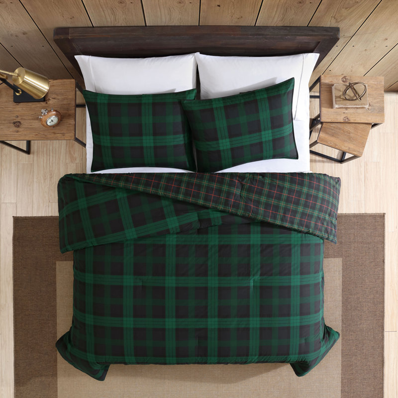 Ensemble d'édredon en coton vert Eddie Bauer Kingston, Édredon double / grand et 2 taies décoratives