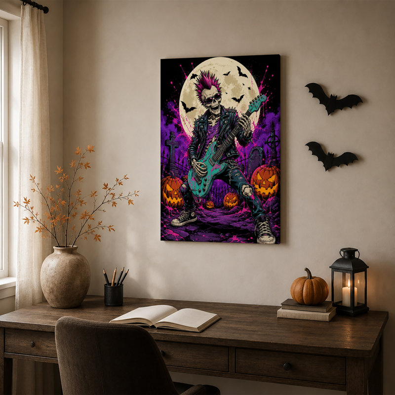 Toile squelette punk rocker jouant de la guitare bleu sarcelle sur toile d'Halloween, H 30 po x l 20 po