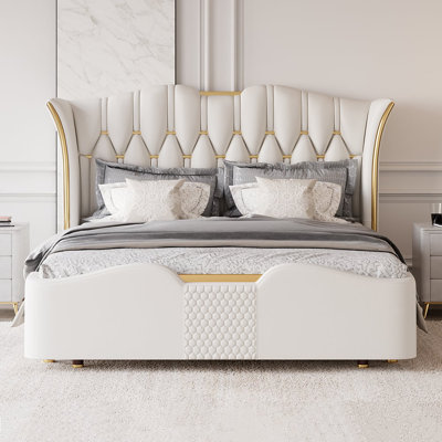 Upholstered Bed Frame With Tufted Wingback Headboard