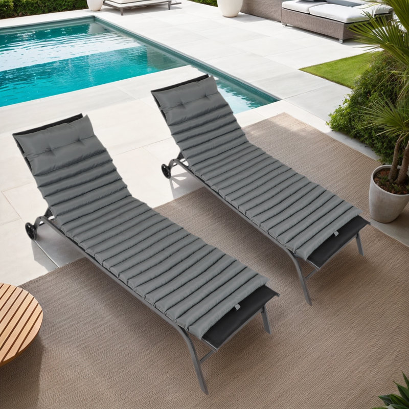 Gray Weather-Resistant Fabric Outdoor Chaise Lounge Cushion Set