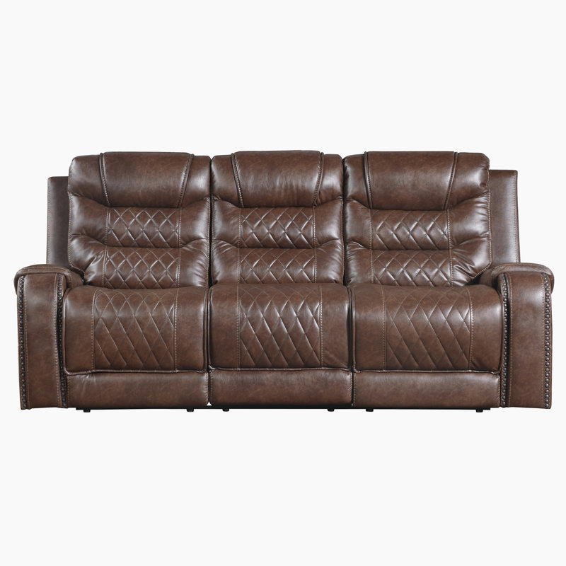 Denby 86.5" Traditional Manual Faux Leather Double Reclining Sofa with Integrated Drop-Down Console, Classic Nailhead Trim Detailing
