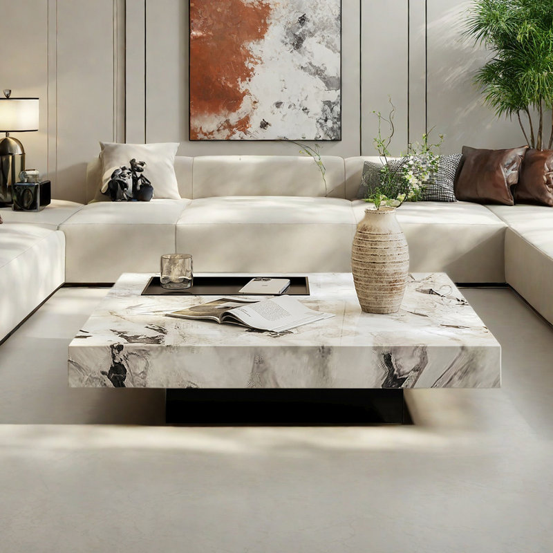 Luxury-Style Square Marble Coffee Table, 11.8" H x 39.4" L x 39.4" W