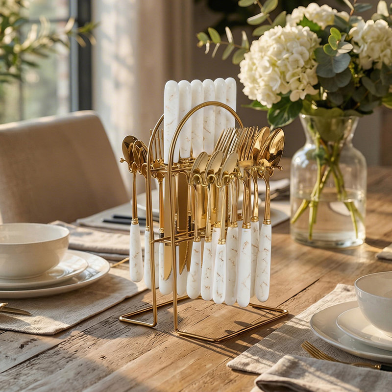 24-Piece Stainless Steel Cutlery Set with Storage Rack, White/Gold