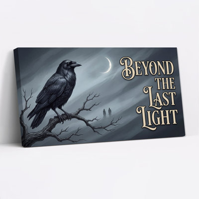 Black Crow On Branch With Crescent Moon Canvas Wall Art