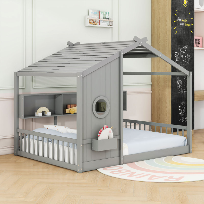House Floor Bed With Playhouse Roof And Built-In Storage, Gray, Full