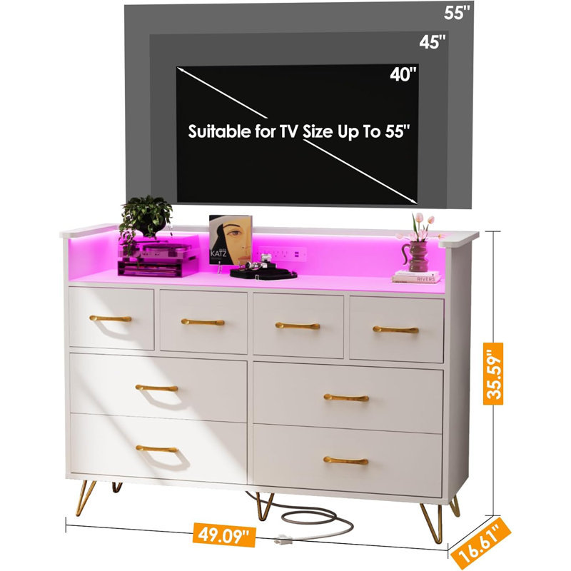 8-Drawer Dresser with LED Light & Charging Station, Gold, White