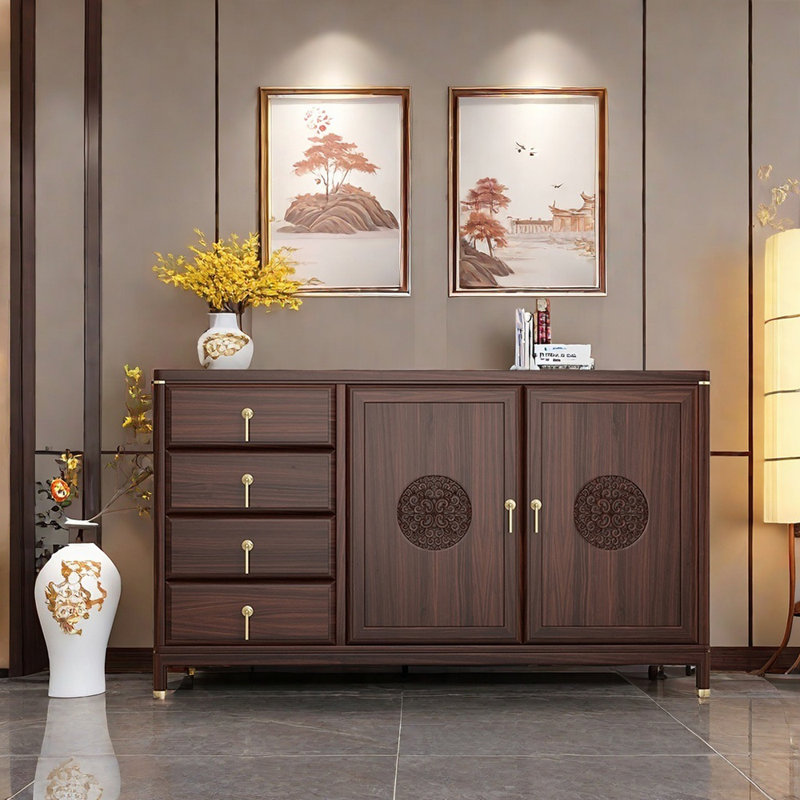 Buffet en bois massif de style chinois, Terre de Sienne