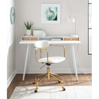 Desk in White Steel and White and Natural Wood with White Accents