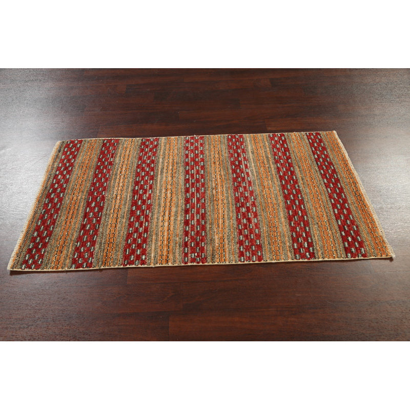 Tapis rouge / orange en laine noué à la main de conception unique 2 pi 11 po x 5 pi 3 po New Age