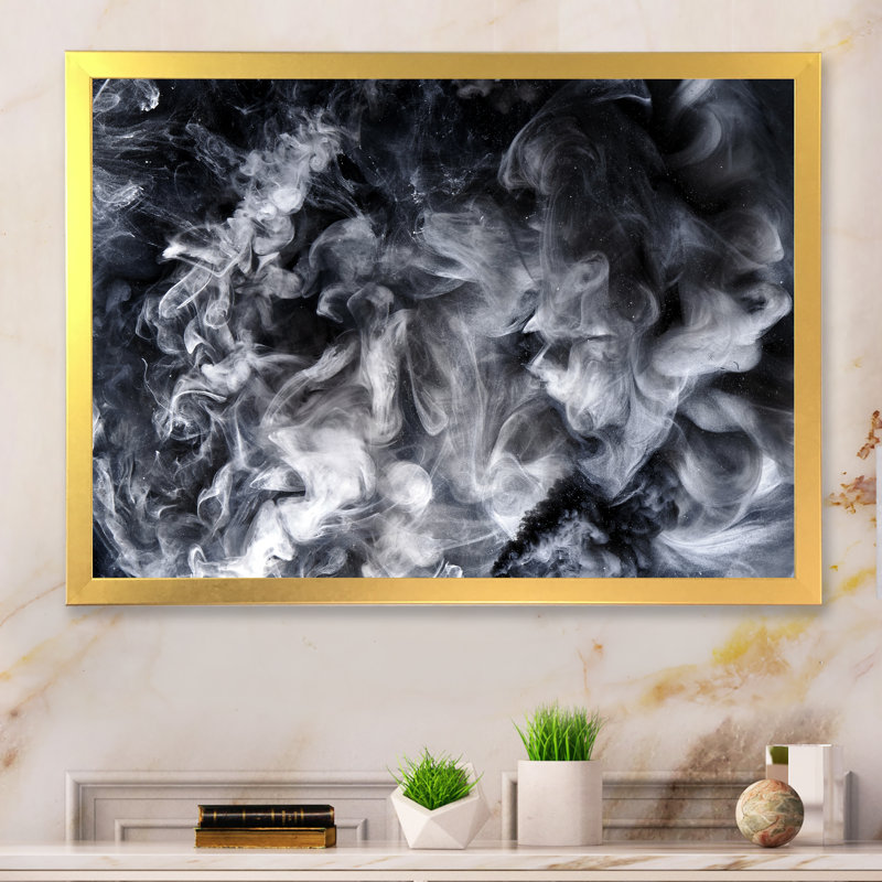 Abstrait noir blanc tourbillonnant fumée - cadre photo, impression sur toile, Cadre photo doré, H 12 po x l 20 po x P 1,5 po