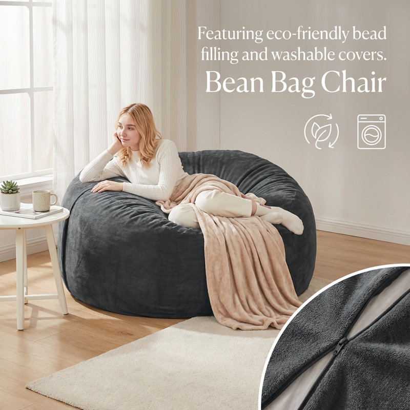 Grand fauteuil à billes en mousse viscoélastique avec housse amovible en flanelle, H 23,62 po x l 39,37 po x P 39,37 po
