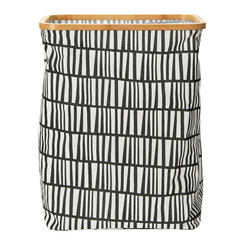 Bamboo Rimmed Rectangular Krush Container Basket with Cut Out Handles and Collapsible Coated Canvas, Black/White/Brown