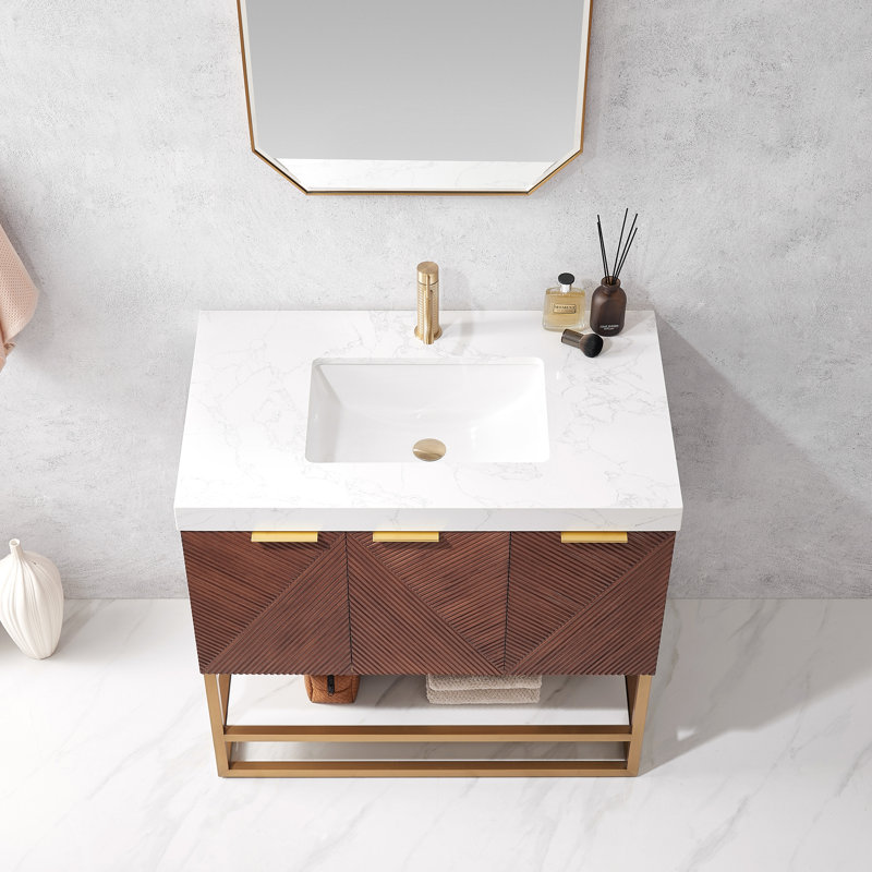Meuble-lavabo autoportant simple avec comptoir Boydton, Or brossé, Or