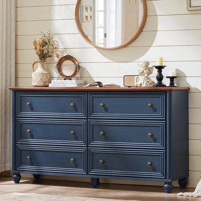 Commode 6 tiroirs pour chambre à coucher, commode en bois de ferme de 54 po de largeur, commode télé de style rétro, organisateur de rangement rustique avec placard à poignées en métal pour le salon, couloir