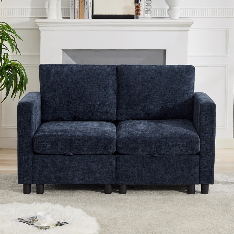 58.3” Upholstered Loveseat Modular Sofa With Under-Seat-Storage, Chenille, Navy Chenille