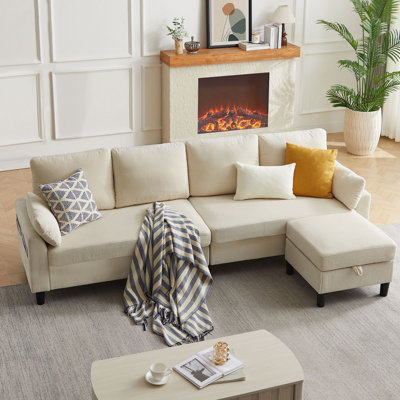 101'' Corduroy Upholstered Sectional Sofa With Storage Ottoman