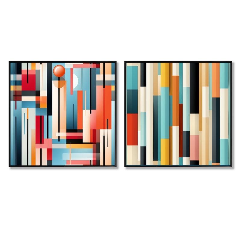 Castaldo - Ensemble de 2 collages de formes carrées abstraites, Cadre flottant doré, H 30 po x l 61 po