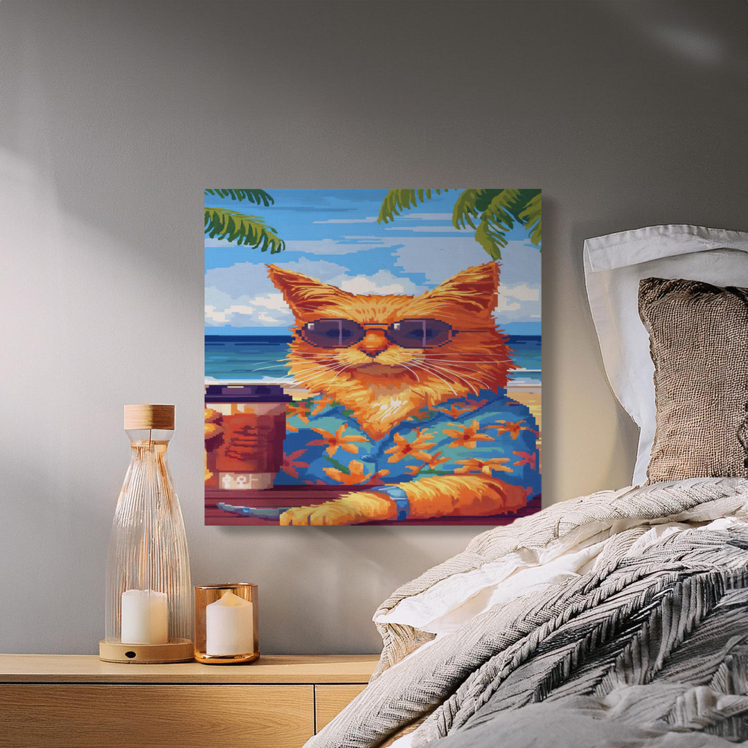 Pixel Art Cat Canvas Print, Hawaiian Shirt Cat on Beach Wall Art, Retro Gamer Room Decor, Coffee Lover Gift for Him Her
