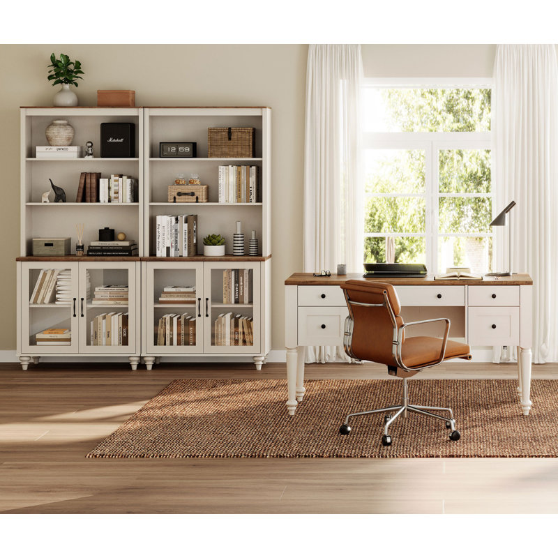 2 Piece Office Set, 56" Executive Desk & Set Of 2 Bookcases With Glass Doors, White