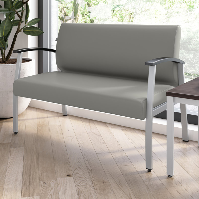Arrive Collection Vinyl Seat Waiting Room Loveseat Chair with Metal Frame and Arms, Light Gray