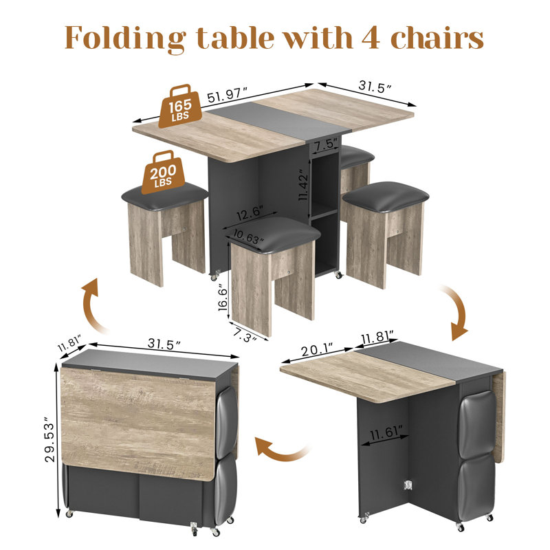 Drop Leaf Dining Table,Folding Dining Table With 6 Wheels And Four Leather Stools,Space Saving Dining Table And Chairs For Dining Room, Kitchen