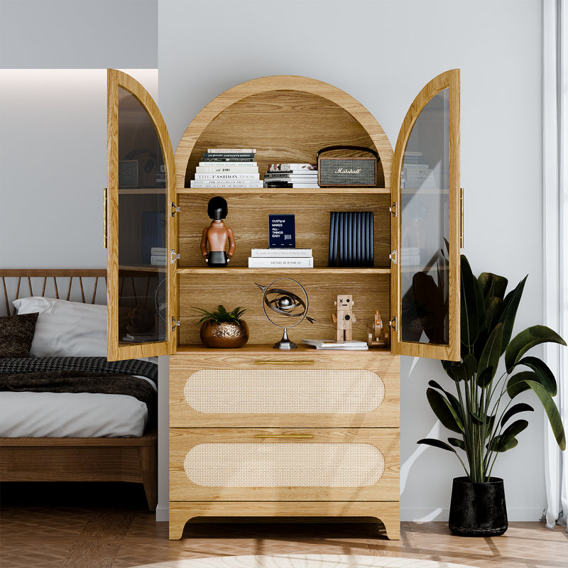 Armoire de rangement arquée moderne avec tiroirs en rotin et portes en verre, huche à 3 niveaux avec 2 grands tiroirs de rangement