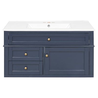 Modern Floating Bathroom Cabinet 36W with 3 Hole Ceramic Basin and Tip Out Drawer