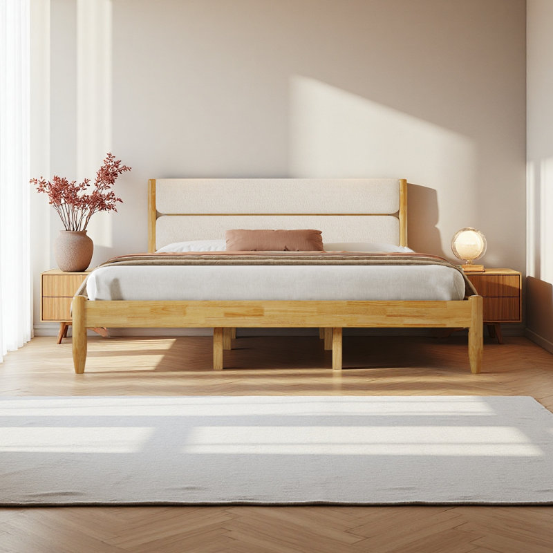 Solid Wood Bed Frame With Fleece Upholstered Headboard, King