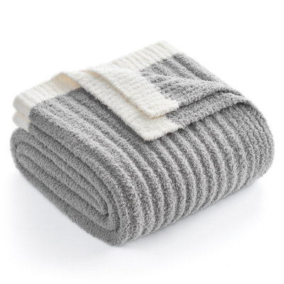 Reversible Ribbed Knit Throw Blanket Soft Feather Yarn Throw For Couch, Sofa, Bed