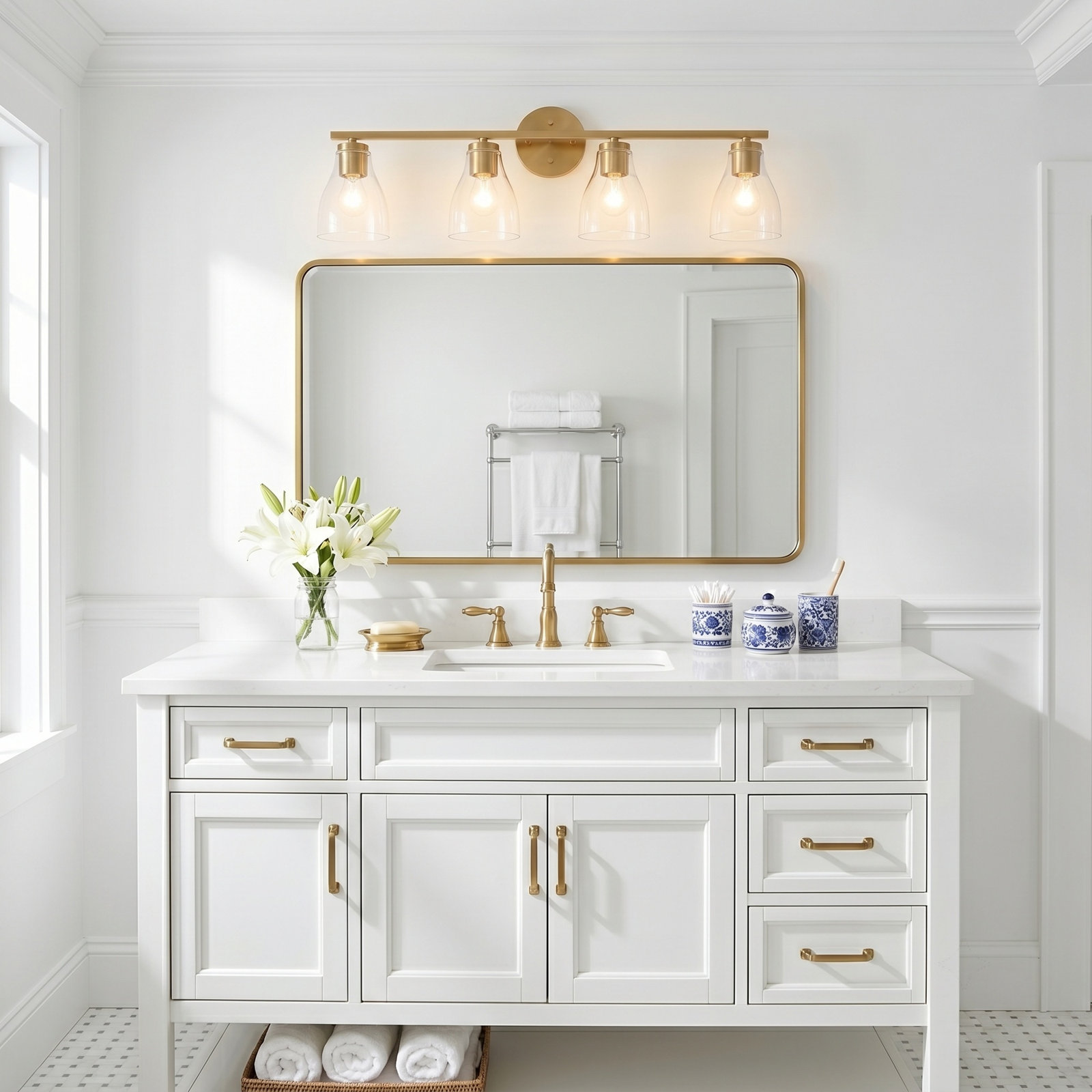 Modern Clear Glass Shade Vanity Wall Light With Steel Frame, Gold, 10" H x 31.7" W x 6.5" D, 4 Lights