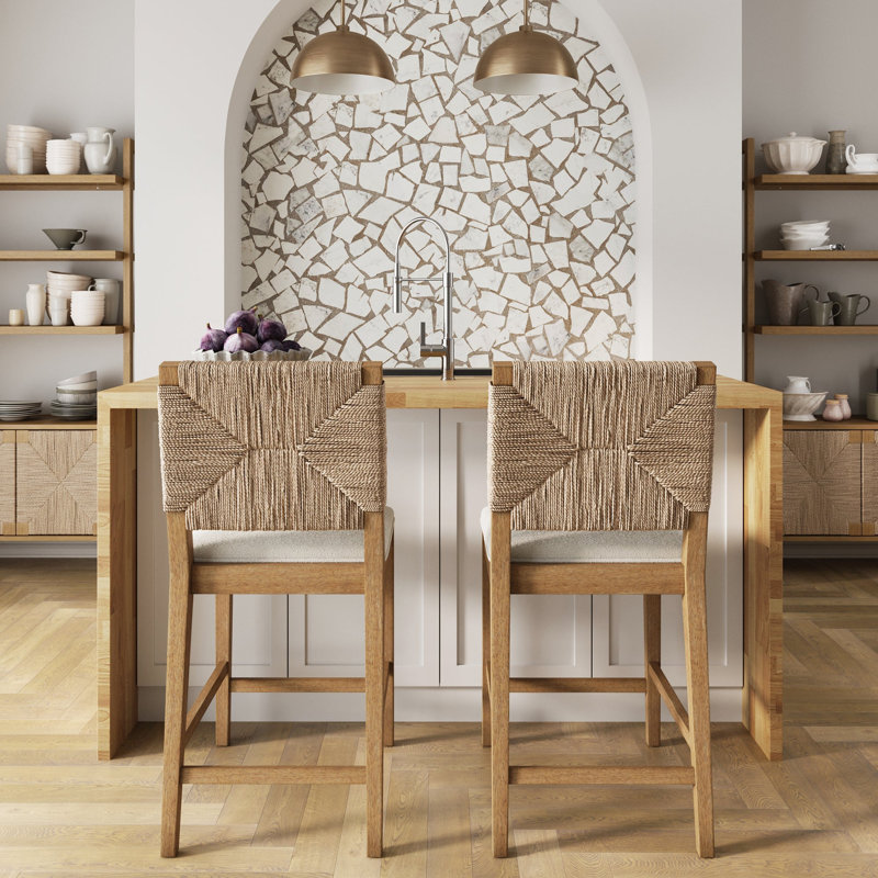 Beacon 29" Light Brown Rubberwood Bar Stool with Cream Boucle Seat