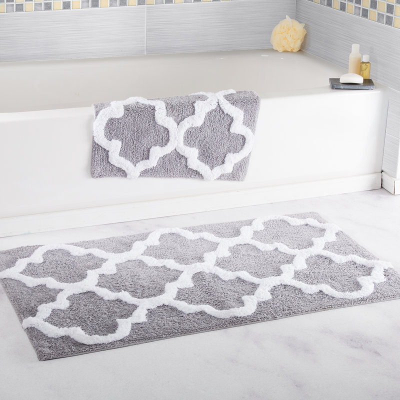 Lavish Home 2 Piece Bathroom Rug Set - 41x24.5 Inch and 34x21 Inch 100% Cotton Bath Mats with Textured Trellis Print for Elegant Bathroom Decor - Bath Rugs Non Slip Washable Bathmats