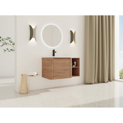 Meuble-lavabo mural 36 po avec lavabo en céramique blanc, tablettes de rangement, 1 porte à fermeture en douceur, emballage Kd, contreplaqué, design moderne, finition lisse, contreplaqué rustique 45 poignées à bords cachés