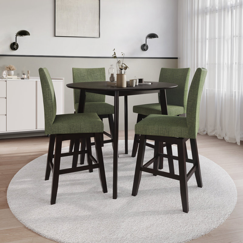 5-Piece Counter-Height Round Dining Set with Cushioned Linen Chairs, Green, Green