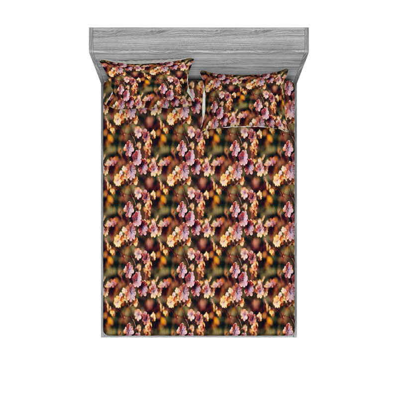 Ambesonne Fitted Sheet & Shams, Pale Orange/Mauve/Green Flower, Full Sheet Set with 2 Pillowcases