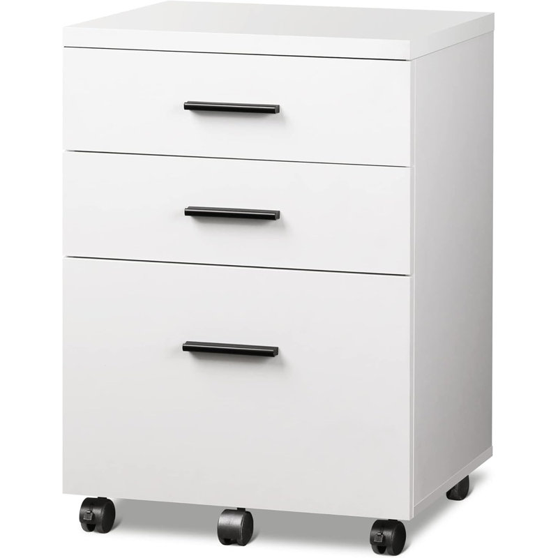 White Wood 3-Drawer Rolling Filing Cabinet with Wheels