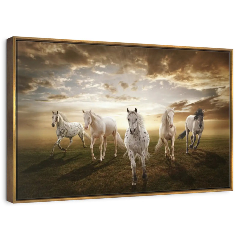 Chevaux blancs dramatiques, 46 po x 31 po, Cadre flottant doré