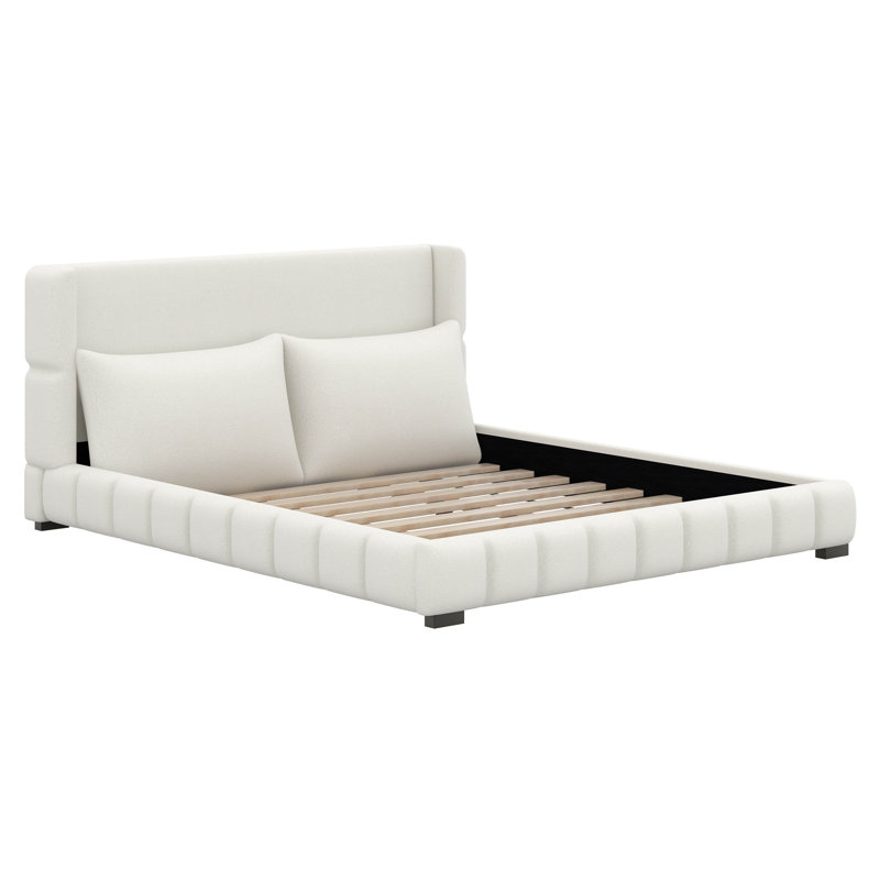 Lit plateforme tapissier avec coutures et 2 coussins, Blanc, Très grand lit