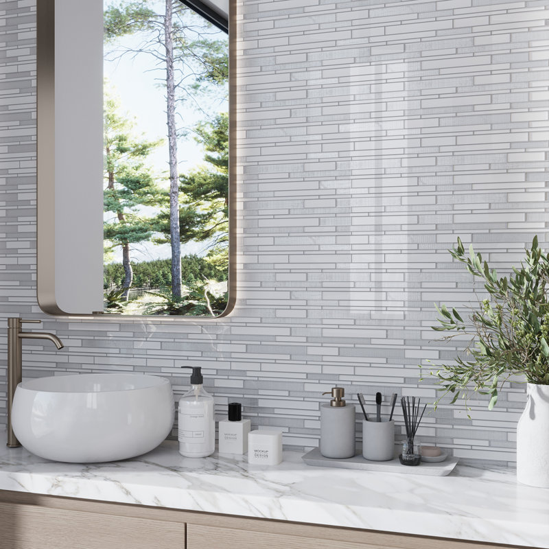11.8" x 12.2" Glass Mosaic Tile, White/Silver