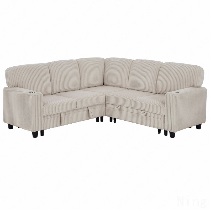 L-Shaped Sectional Sofa Bed With Pull-Out Bed & Storage, 5-Seat Sleeper Couch With Usb Charging, Convertible Design For Living Room, Apartment, Corduroy Fabric, Beige