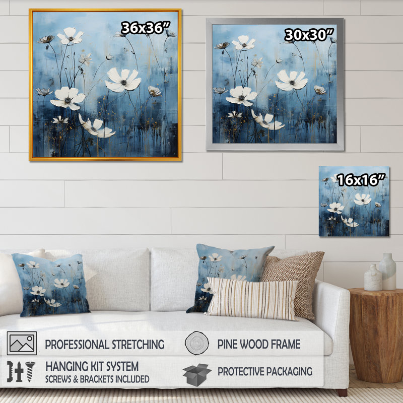 «White and Blue Fields of Wildflower Beauty I - Wildflowers», impressions d'art mural, Cadre simple blanc